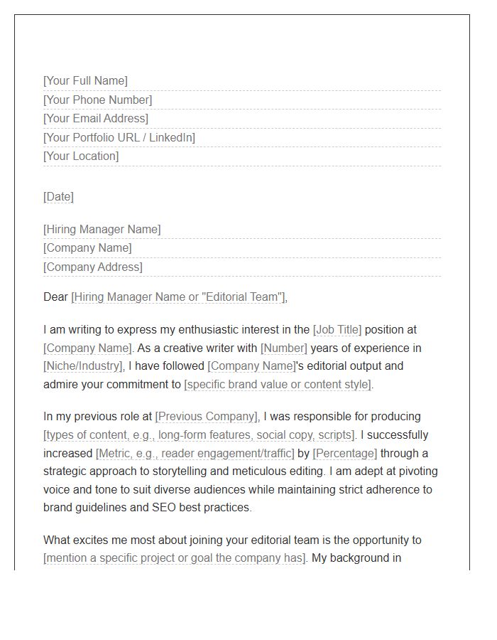 Creative Content Writer Editorial Role Cover Letter Template