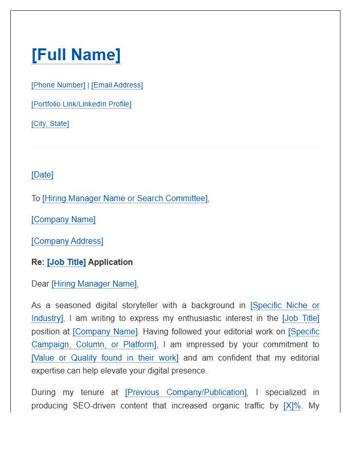 Digital Content Writer Editorial Career Cover Letter Template