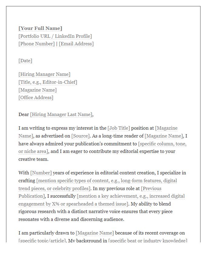 Magazine Editorial Content Writer Cover Letter Template
