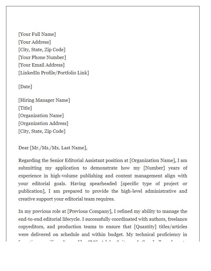 Senior Editorial Assistant Professional Cover Letter Template