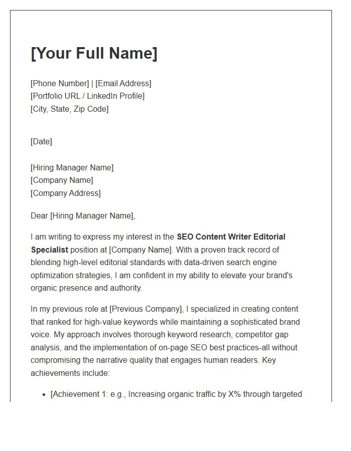 SEO Content Writer Editorial Specialist Cover Letter Template