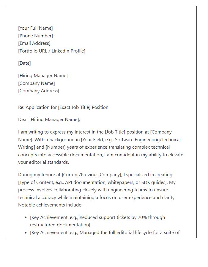 Technical Content Writer Editorial Position Cover Letter Template