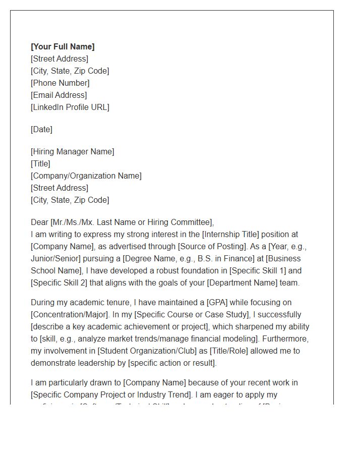 Business School Academic Internship Cover Letter Template
