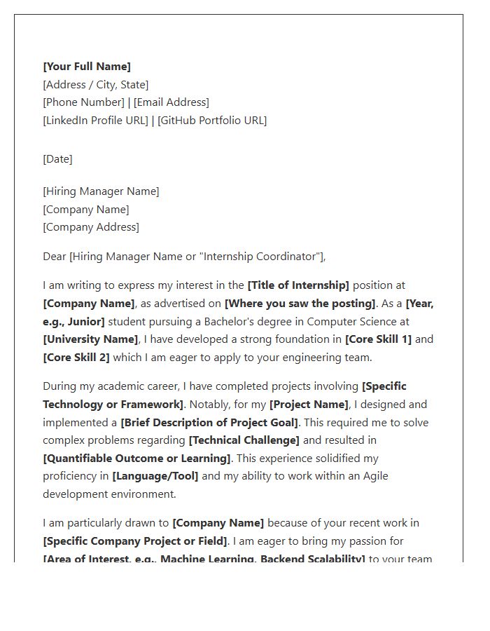 Computer Science Internship Cover Letter Template