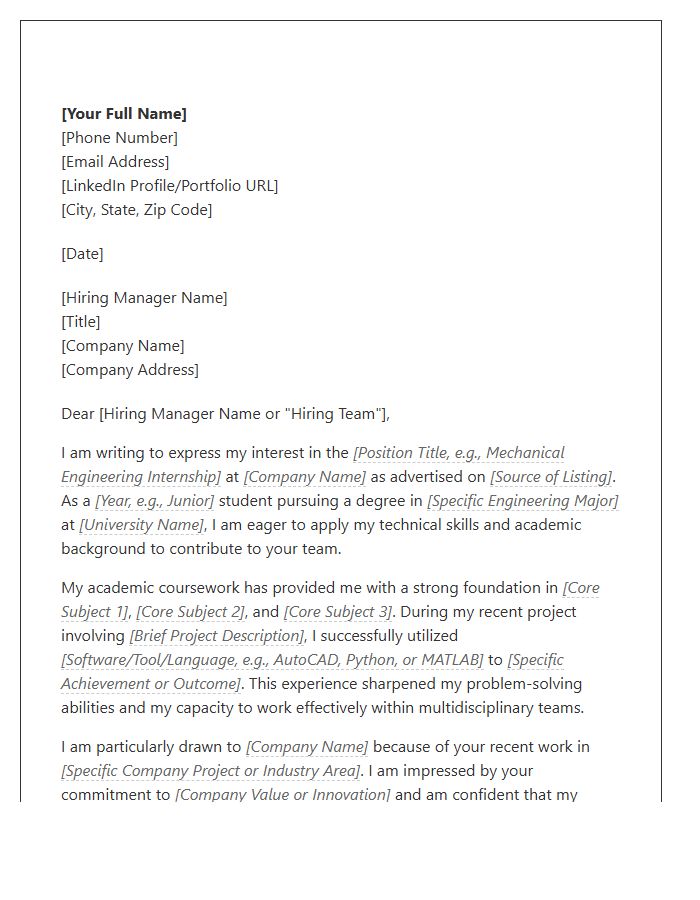 Engineering Student Internship Cover Letter Template