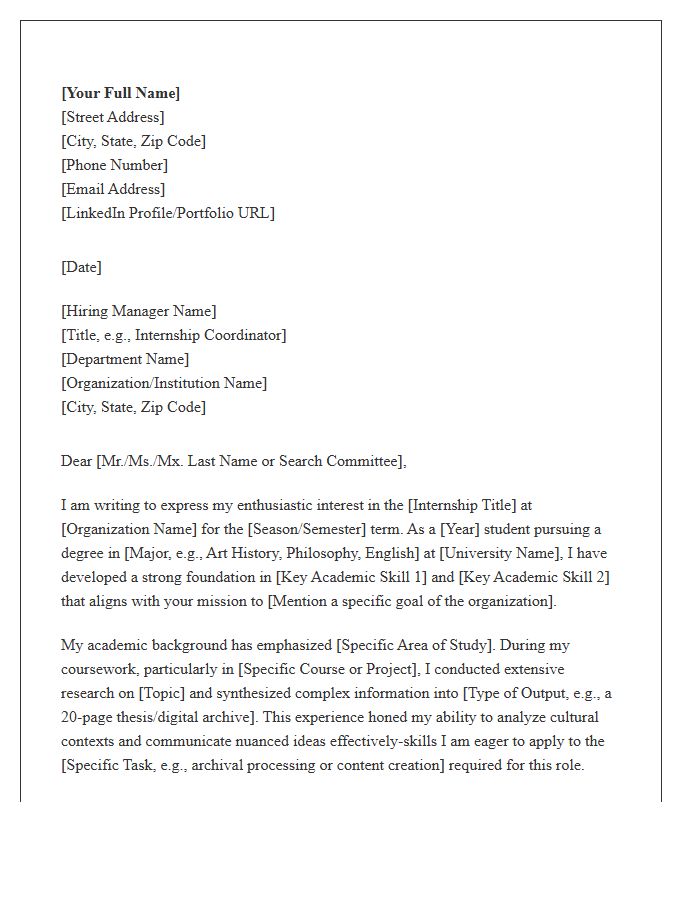 Humanities Academic Internship Cover Letter Template