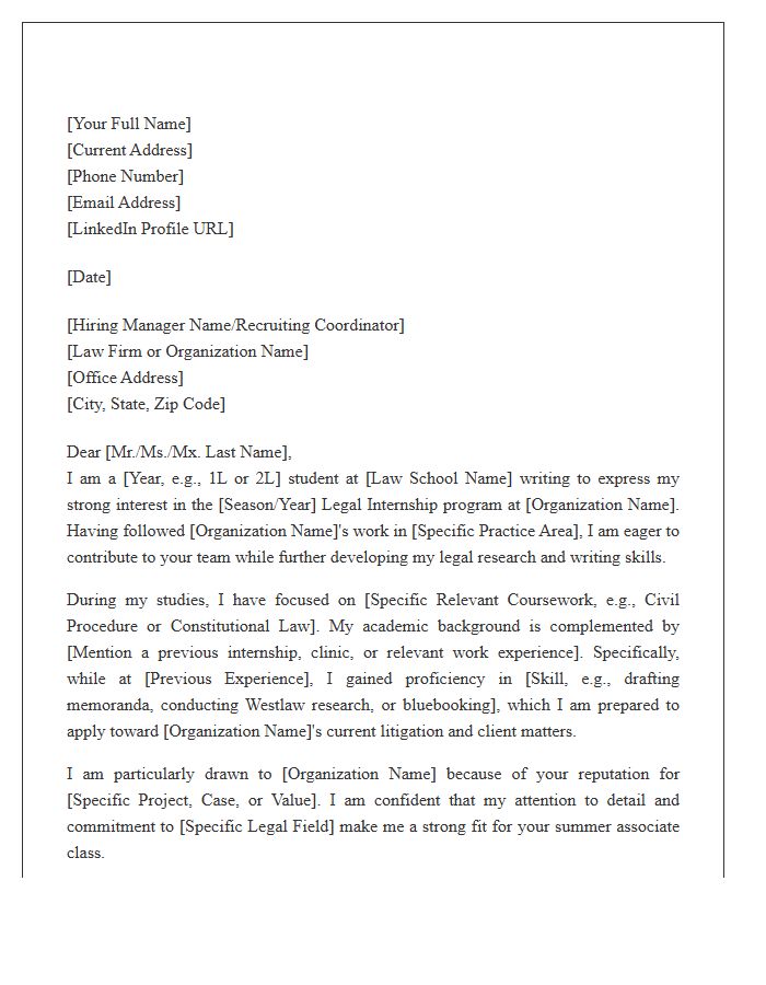 Law School Internship Cover Letter Template