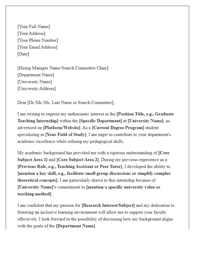 University Teaching Internship Cover Letter Template