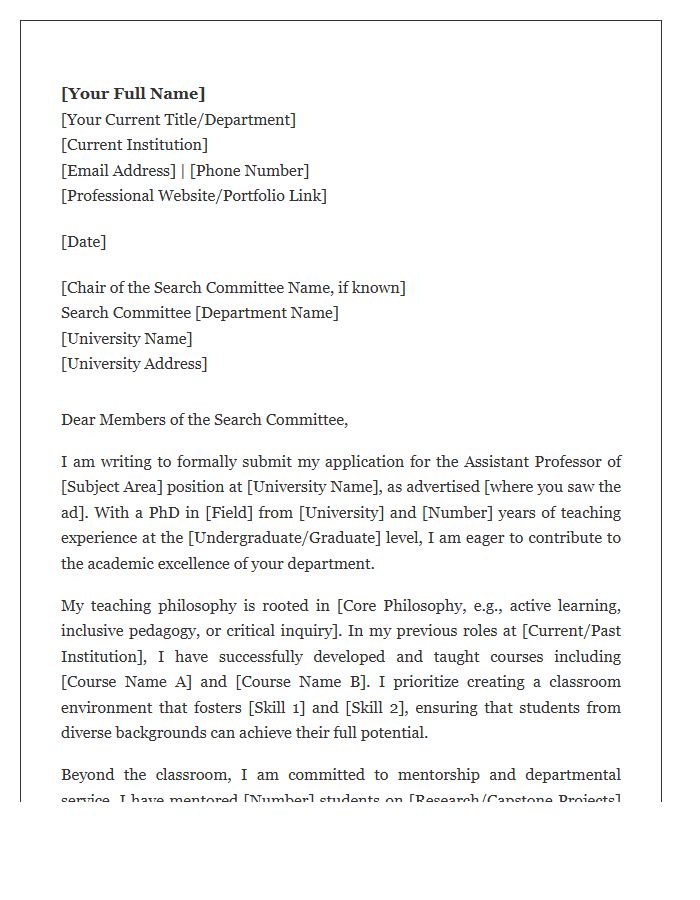 Assistant Professor Teaching Statement Cover Letter Template