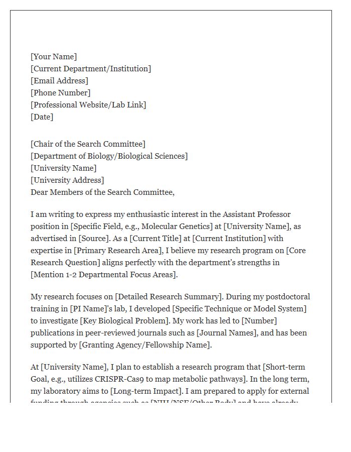 Biology Assistant Professor Research Cover Letter Template