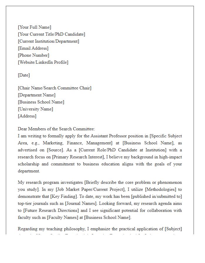 Business School Assistant Professor Cover Letter Template
