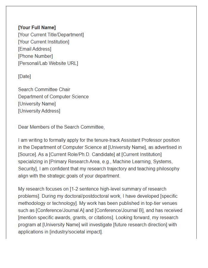 Computer Science Assistant Professor Position Cover Letter Template