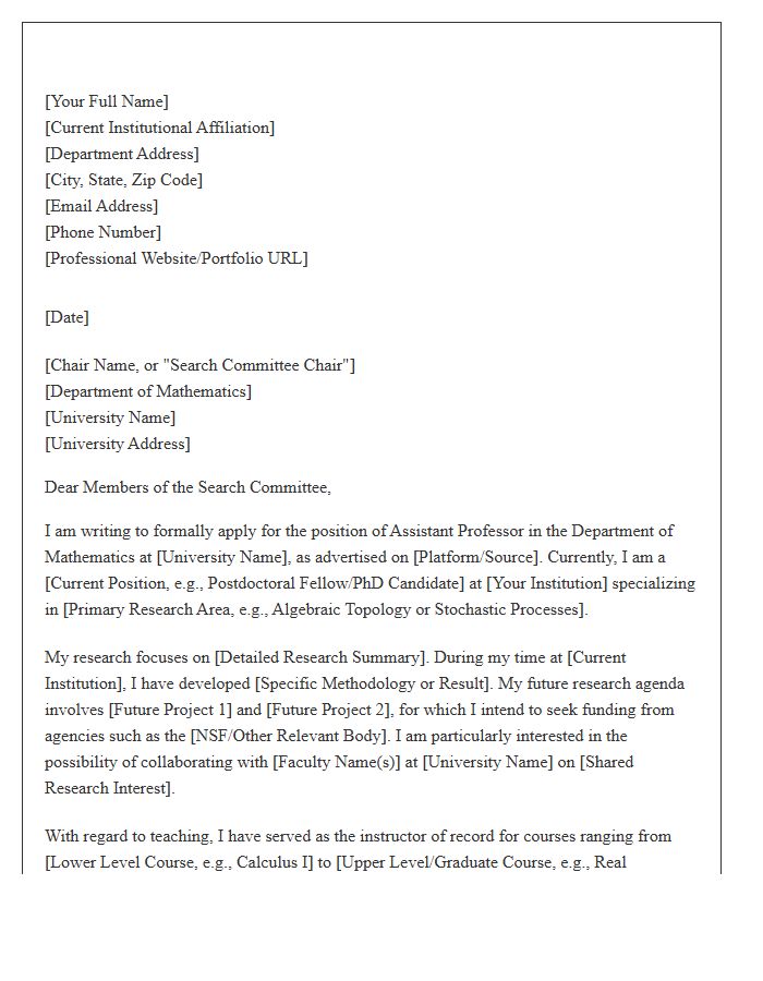 Mathematics Assistant Professor Position Cover Letter Template