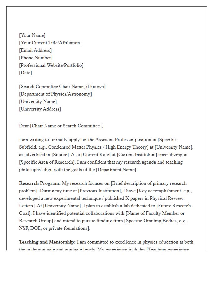 Physics Assistant Professor Faculty Position Cover Letter Template