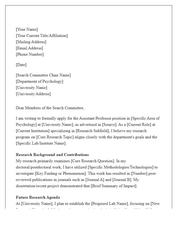 Psychology Assistant Professor Research Cover Letter Template