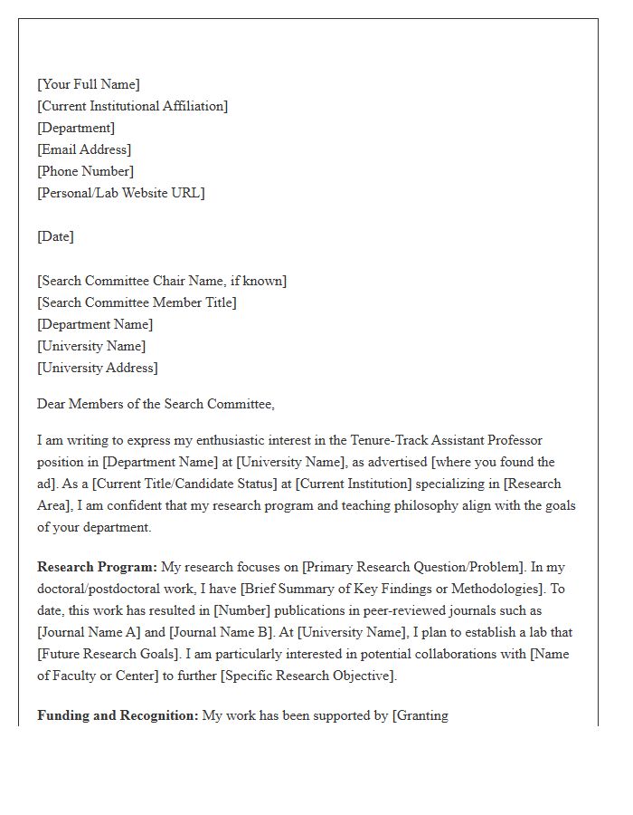 Tenure Track Assistant Professor Cover Letter Template