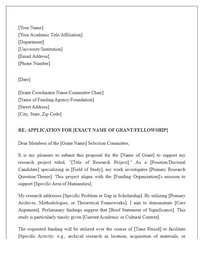 Humanities Research Project Grant Cover Letter Template