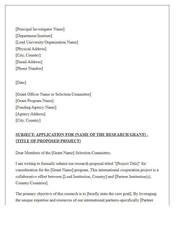International Research Cooperation Grant Cover Letter Template