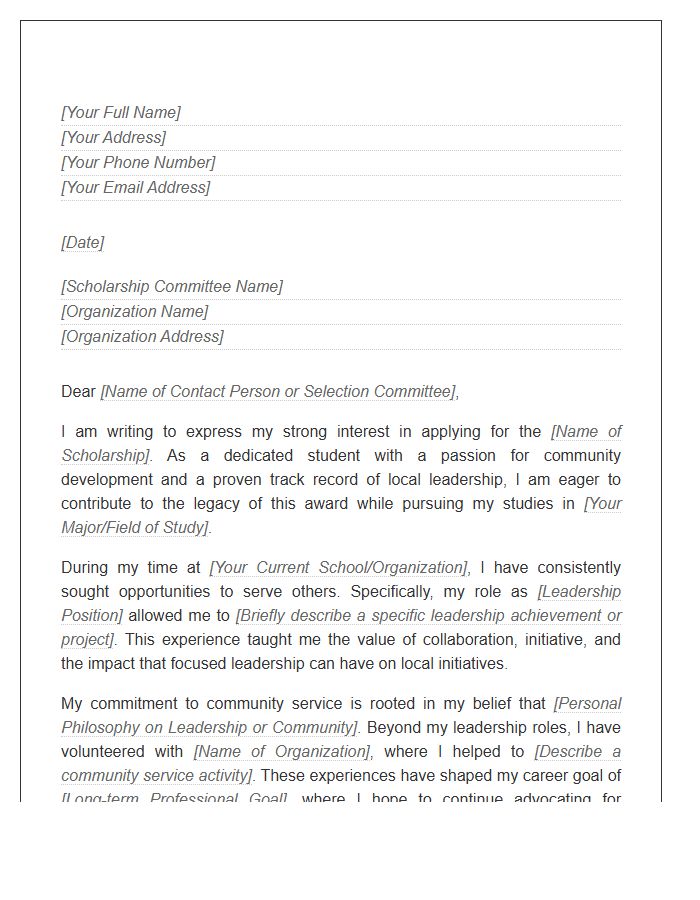 Community Leadership Scholarship Application Cover Letter Template