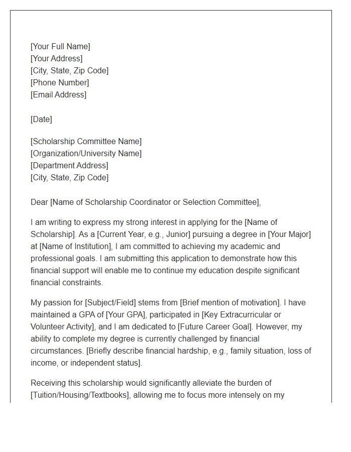 Financial Need Based Scholarship Application Cover Letter Template