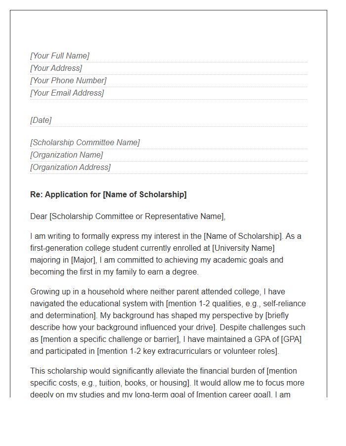 First Generation College Student Scholarship Cover Letter Template