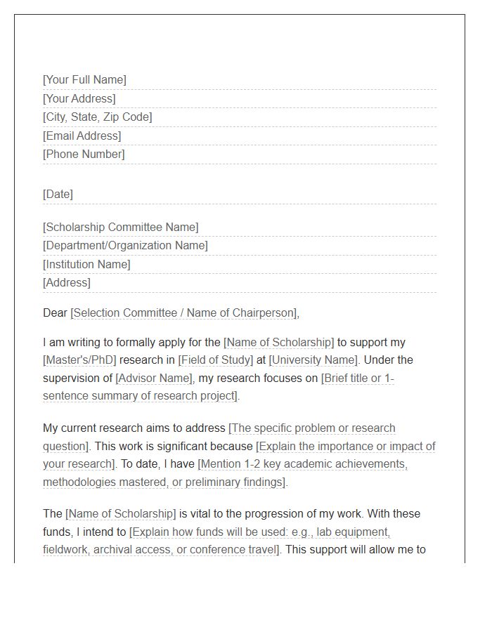 Graduate Student Research Scholarship Cover Letter Template