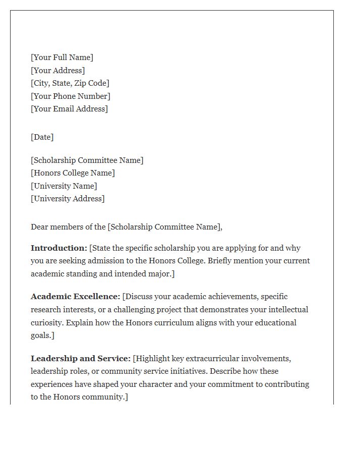 Honors College Admission Scholarship Cover Letter Template