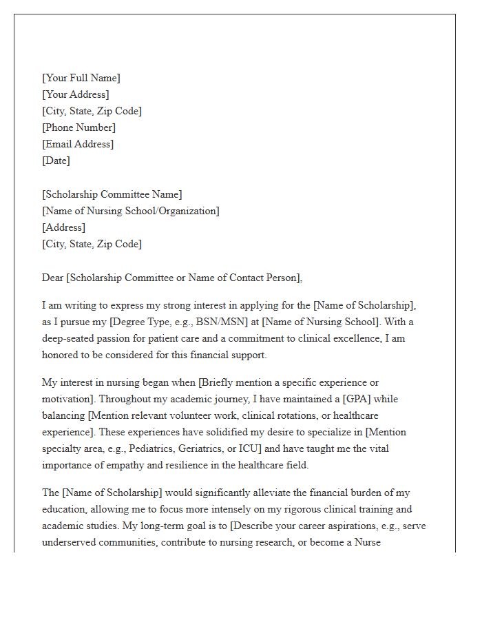 Nursing School Scholarship Application Cover Letter Template