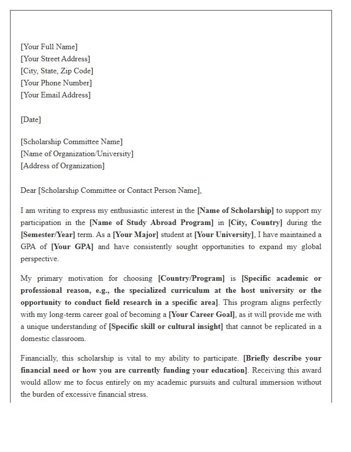 Study Abroad Program Scholarship Cover Letter Template
