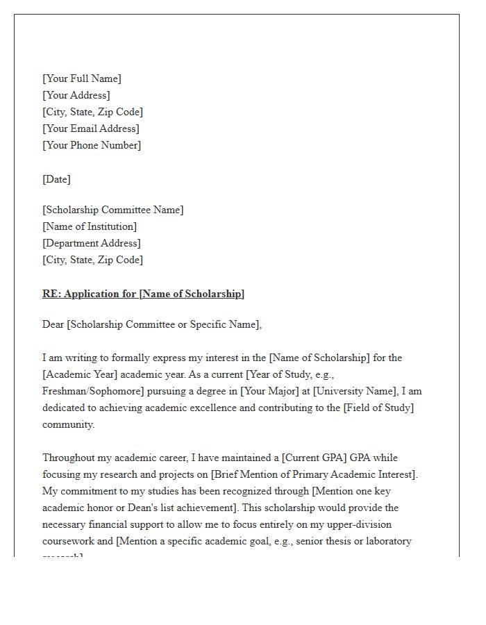 Undergraduate Academic Scholarship Application Cover Letter Template