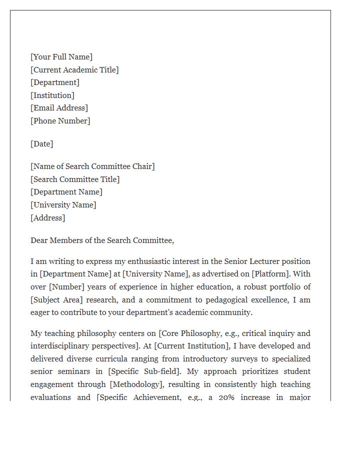 Humanities Senior Lecturer Role Cover Letter Template