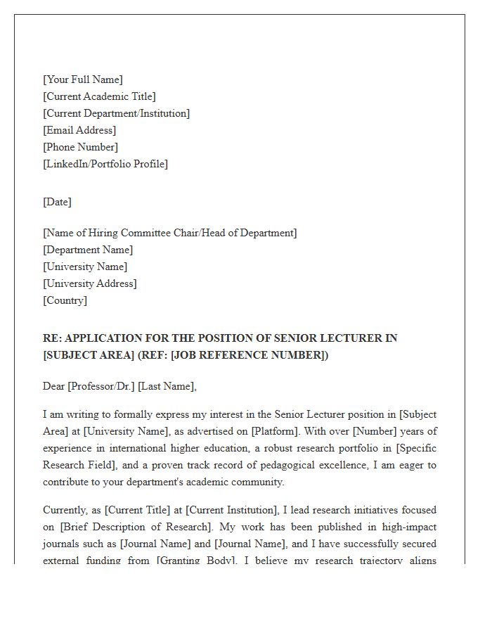 International Senior Lecturer Application Cover Letter Template