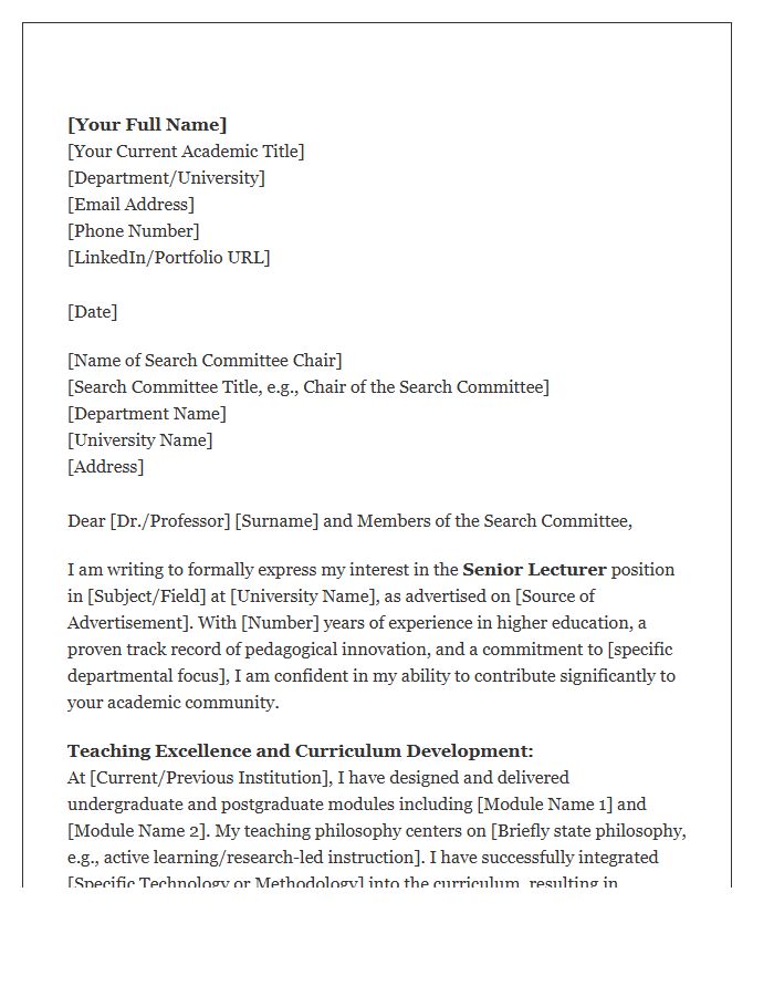 Senior Lecturer Academic Position Cover Letter Template