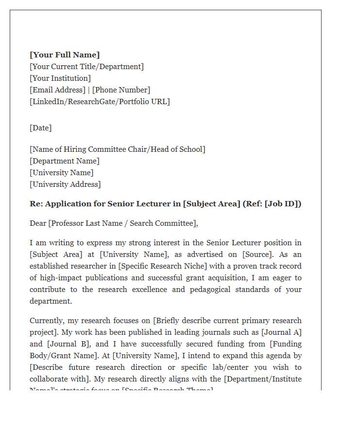 Senior Lecturer Research Focused Cover Letter Template