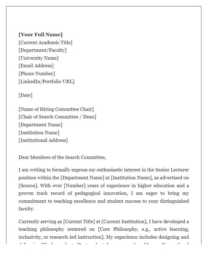 Senior Lecturer Teaching Excellence Cover Letter Template