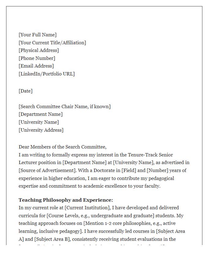 Tenured Track Senior Lecturer Cover Letter Template