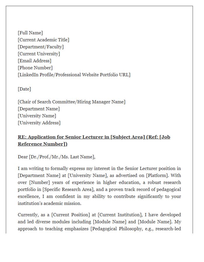 University Senior Lecturer Employment Cover Letter Template
