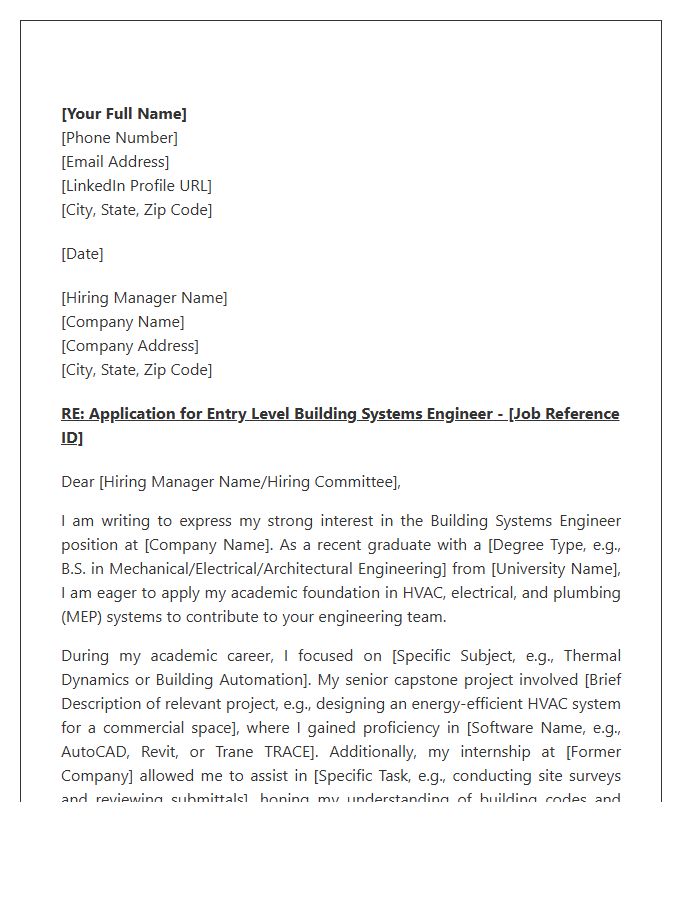 Entry Level Building Systems Engineer Cover Letter Template