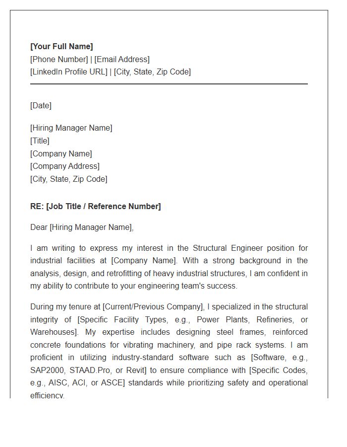 Industrial Facility Structural Engineer Cover Letter Template