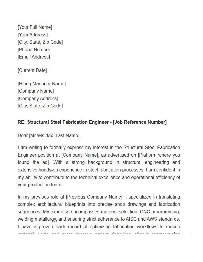 Structural Steel Fabrication Engineer Cover Letter Template