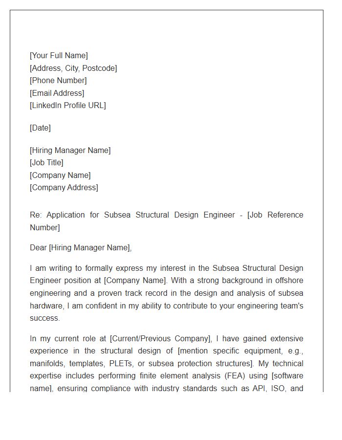 Subsea Structural Design Engineer Cover Letter Template