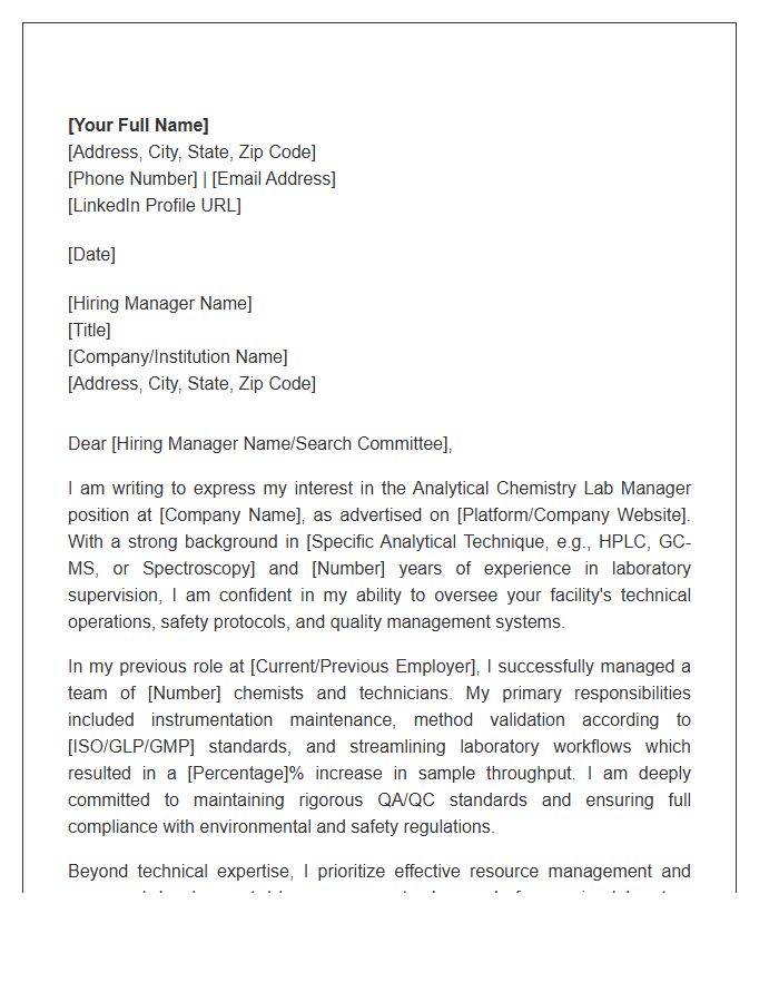 Analytical Chemistry Lab Manager Cover Letter Template