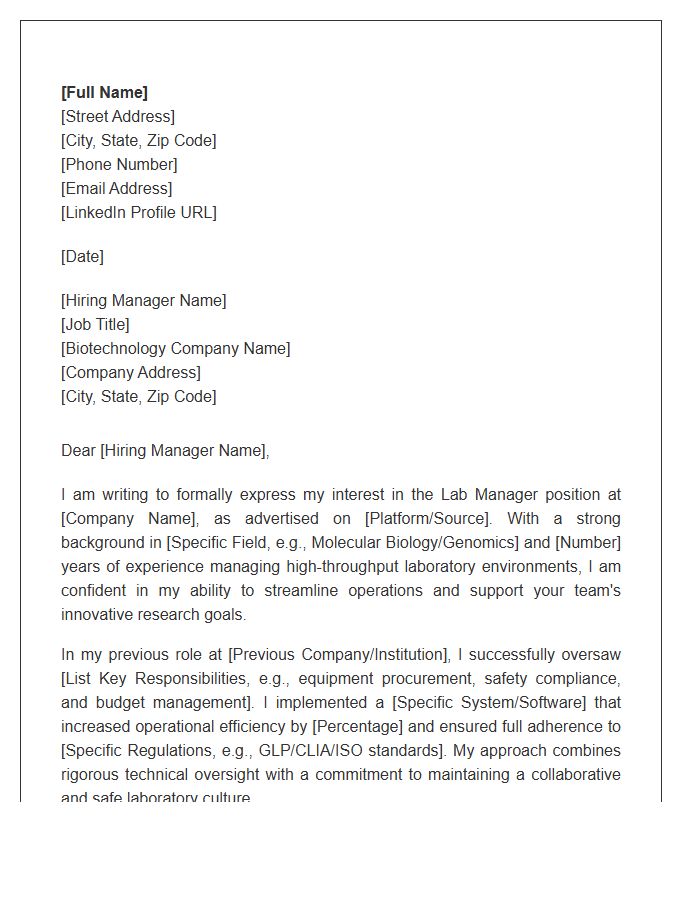 Biotechnology Lab Manager Cover Letter Template
