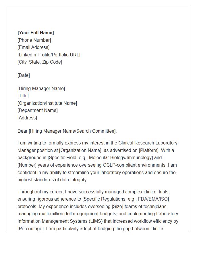 Clinical Research Laboratory Manager Cover Letter Template