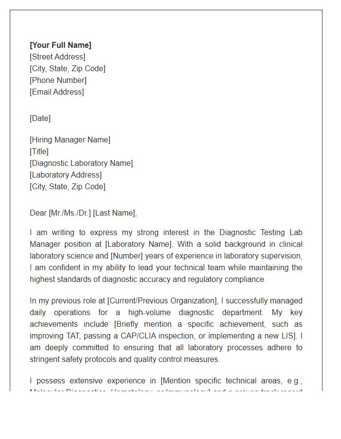 Diagnostic Testing Lab Manager Cover Letter Template
