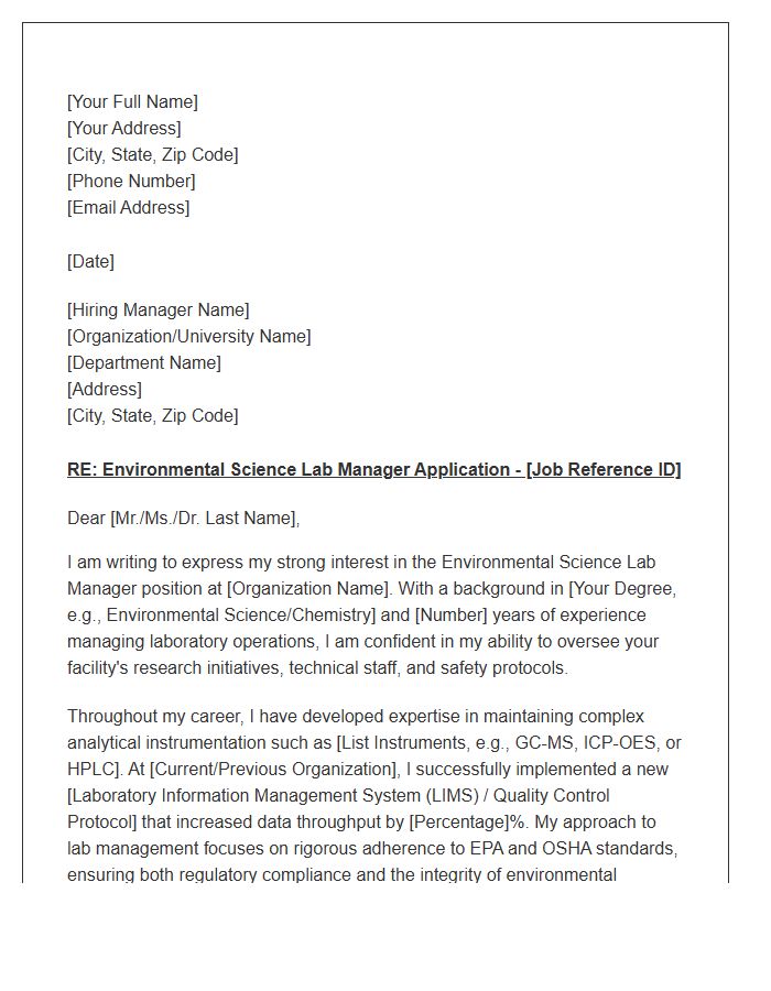 Environmental Science Lab Manager Cover Letter Template