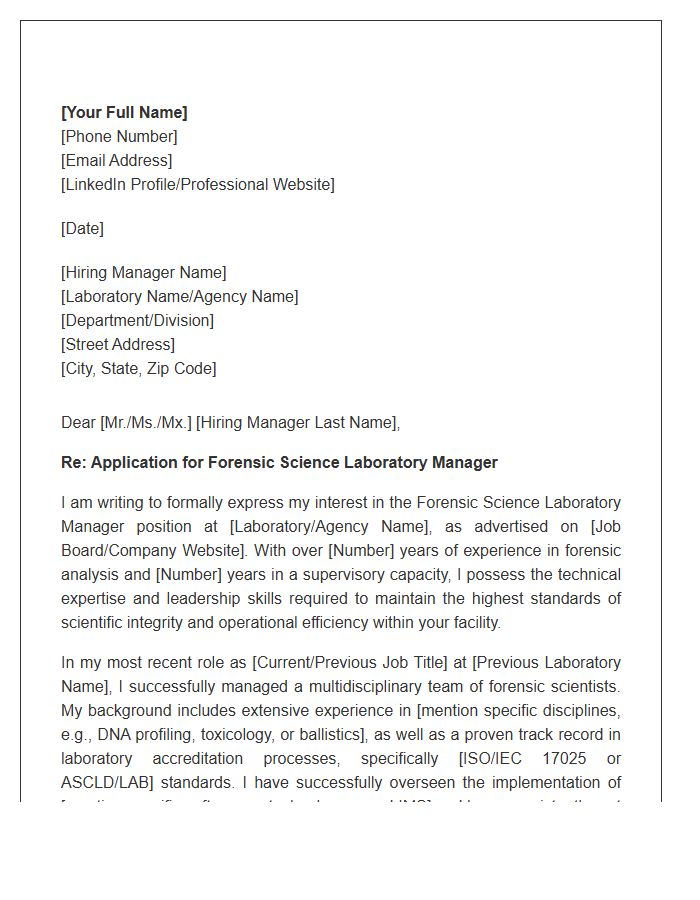 Forensic Science Laboratory Manager Cover Letter Template