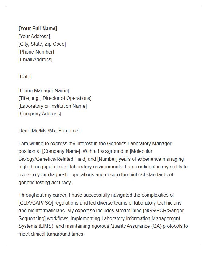 Genetics Testing Lab Manager Cover Letter Template