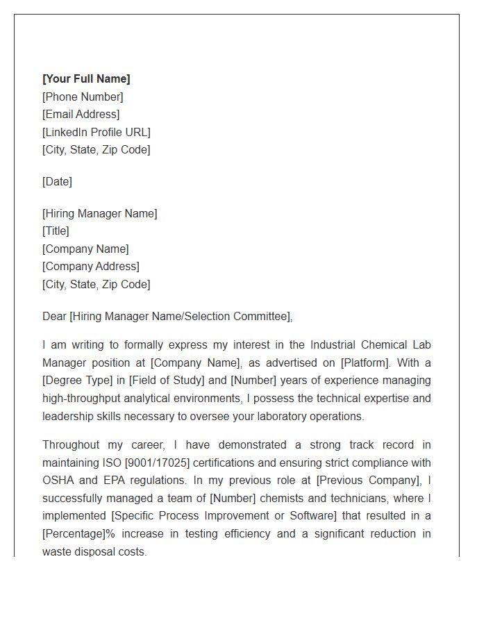 Industrial Chemical Lab Manager Cover Letter Template