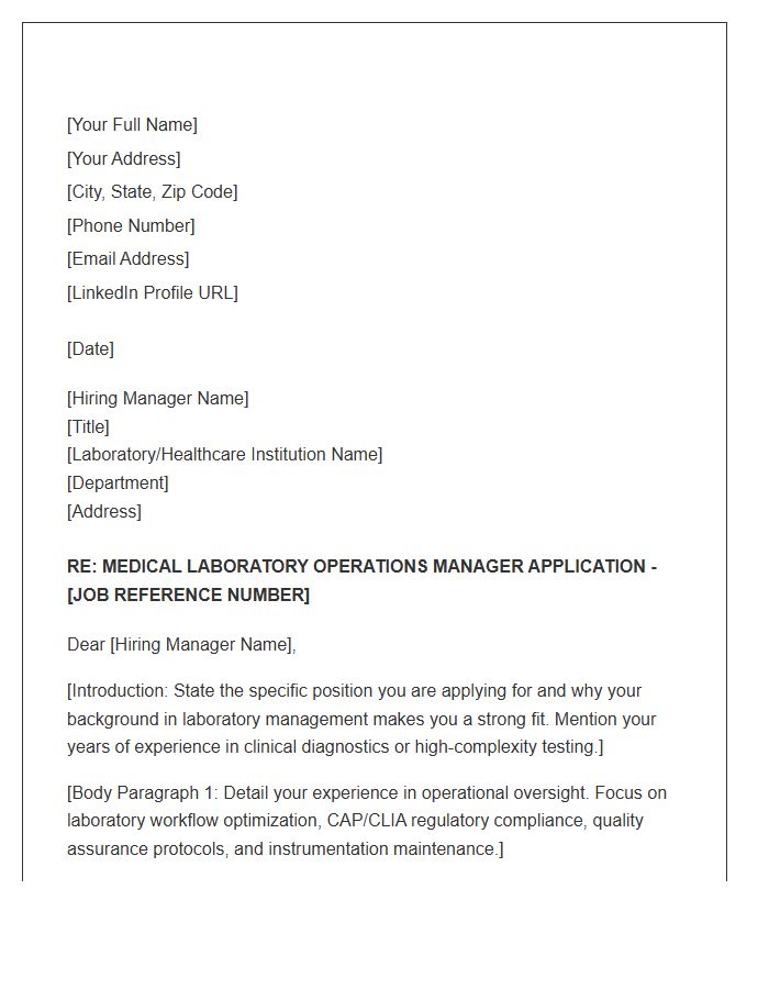 Medical Laboratory Operations Manager Cover Letter Template